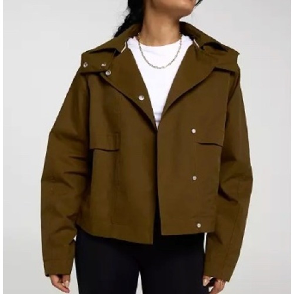 CALIA Crop Trench Jacket Womens XL Dark Khaki Olive Hooded Water Repellent NEW